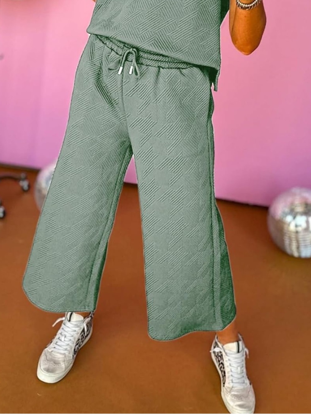 Wide Leg Textured Knit Pull-On Pants - Sage Green